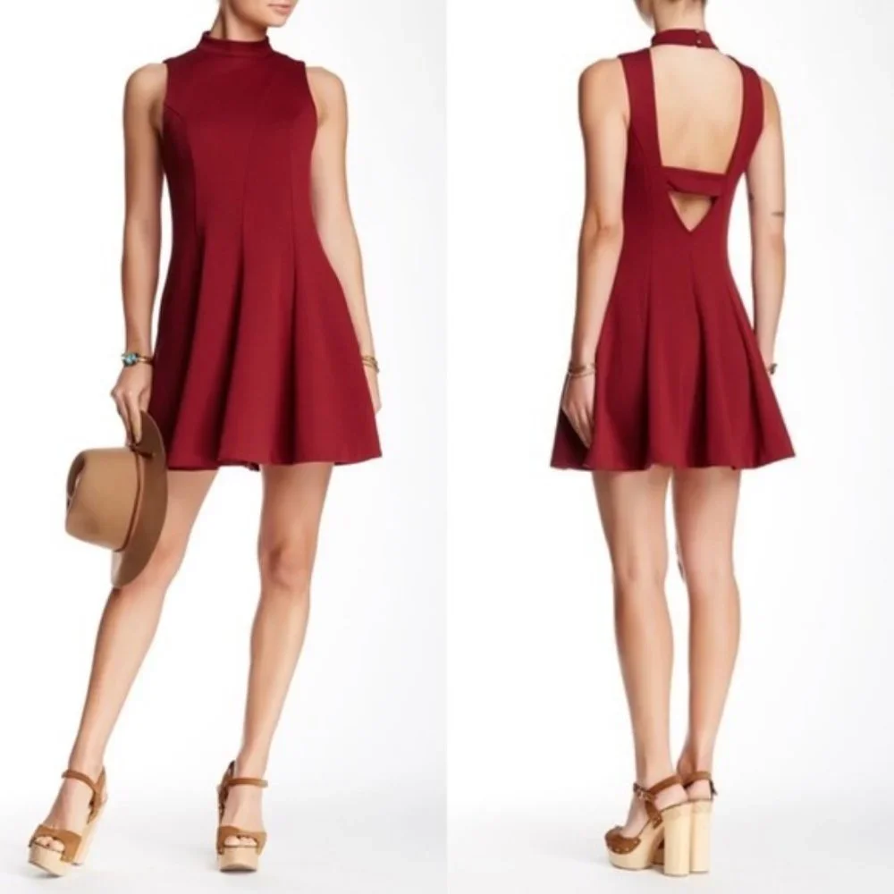 FREE PEOPLE Layla Red Sleeveless Knit Mini Skater POCKET Fit & Flare Dress EUC L